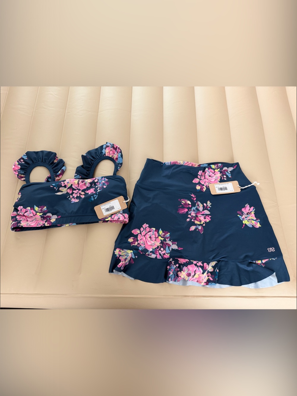 Albion Navy Floral Bikini Top and Skirt Set - Pink Floral Print